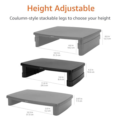 Amazon Basics Height Adjustable Monitor Stand Riser with Storage Organizer, 3-Level Stackable Design, Durable ABS Plastic, Supports up to 22lbs, for Monitors & Laptops, Black