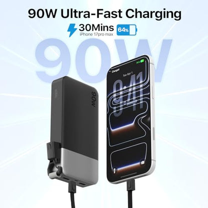 NOBIS Portable Charger 20000mAh 90W Power Bank w/Detachable Cable | 2C+2A USB-C Fast Charging Battery Pack with LED Display,Battery Bank for Laptops, Tablets, Phones and Steam Deck - color: Black