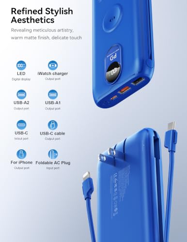 Portable Charger 10000mAh 20W, Wall Plug, 2 Cables, iWatch Charging | Digital Display, Compact Lightweight, USB C Fast Charge, USB-A 18W, Multi Protection, Travel Essential, for iPhone 17 16, Pad - color: Sapphire Blue