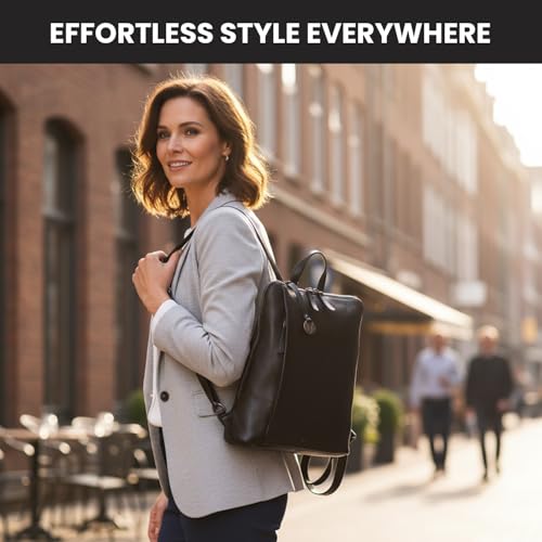 12.5 Inch Genuine Leather Backpack for Women & Men | Black Leather Backpack with Adjustable Shoulder Strap, Small Bookbag Purse with YKK Zippers, Zipper & Mobile Pocket Storage - color: Black