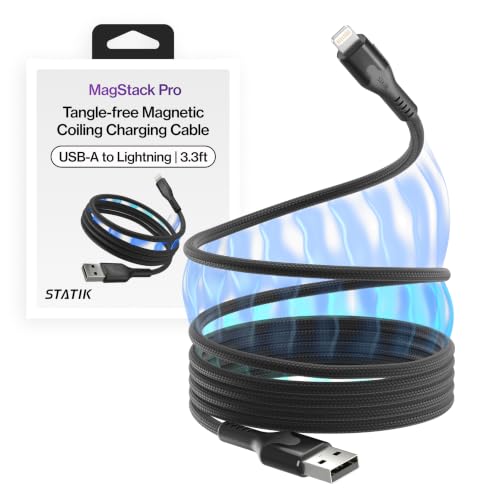 Statik MagStack USB A to Lightning Coiling Magnetic Charging Cable, 12W | MFi-certified Nylon Braided Tangle-Free, Magnetic Coiling, Data Transfer, Compatible with iPhone & iPad, 3FT Black - color: Black, size: 3ft, style: USB-A to Lightning