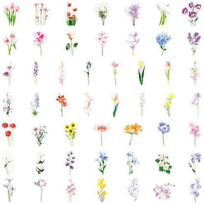 50pcs Fresh and Gentle Spring Flowers Stickers，Transparent Stickers for Scrapbook Supplies Cards Making Books Postcards Water Bottles Laptops Computer DIY, etc(colourful-B16) - color: Colourful-b16