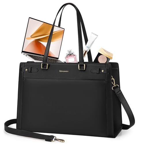 RAINSMORE Laptop Bag for Women 15.6 Inch PU Vegan Leather Work Tote Bag Waterproof Womens Briefcase Designer Computer Bags for Office Teacher College Travel Large Tote Purse Professional Black - color: Black