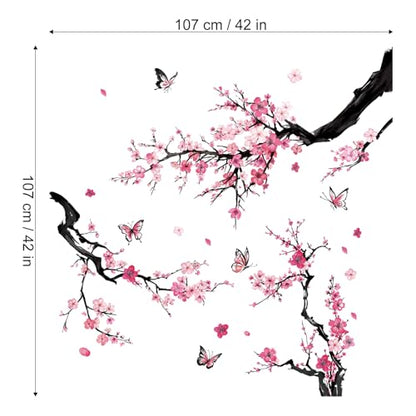 Pink Butterflies and Botanical Plum Blossom Trees Wall Stickers Vinyl Wall Decals for Nursery Bedroom Living Room Bathroom - color: Pink Plum
