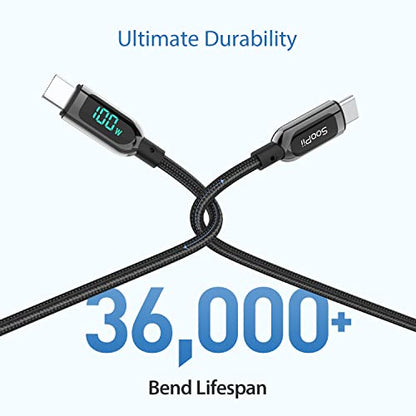 SOOPII 100W 1ft USB C to USB C Cable Fast Charge, Nylon Braided Cable with LED Display for lPhone 16/15 Pro/15 Plus/15 Pro Max,lPad Air,MacBook Pro,Galaxy S24/S23, Pixel, LG (Black) - color: Black, size: 0.3M - 100W