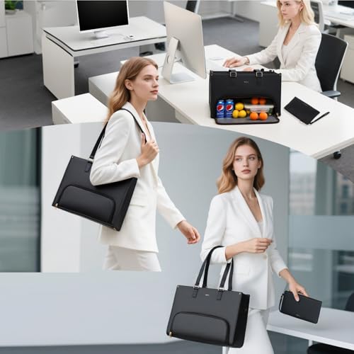 Keyli 3pcs Laptop Bag for Women 15.6 inch and Lunch Tote Bag for Women with Insulated Lunch Compartment Computer Briefcase - color: 1.0-black