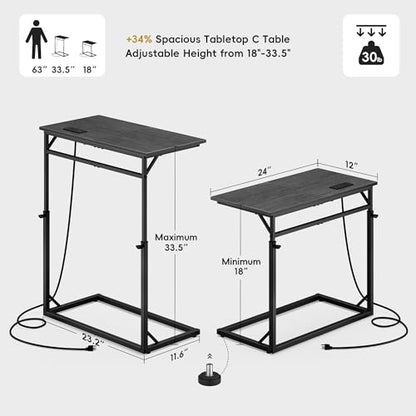 C Shaped End Table with Charging Station, Large C-Table End Table Adjustable Height Side Table for Couch, Sofa Table Slide Under Couch Table TV Tray Table for Living Room, Bedroom,Gray Walnut - color: Gray Walnut, style: With Plug
