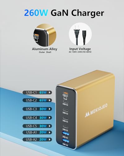 Aluminum Alloy 260W USB C Charger GaN Fast USB C Charging Station 7 Ports | 65W Laptop Charger for MacBook Pro/Air/iPad Pro/iPhone - color: Gold