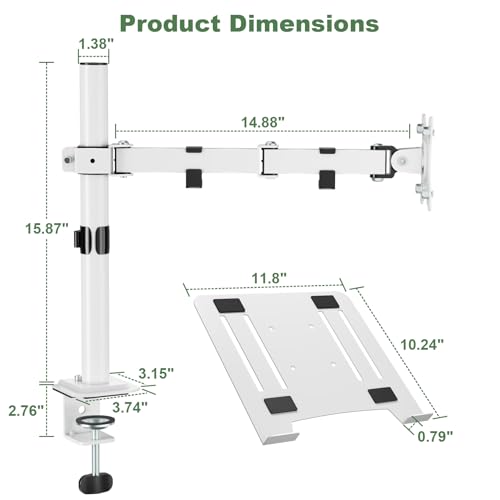 UPGRAVITY White Laptop Desk Mount with Vented Tray for Notebook up to 17 inch, Fully Adjustable Single Laptop Arm Stand Holds up to 17.6 lbs, Clamp on/Grommet Mounting | Fully Adjustable Single Laptop Arm Stand Holds up to 17.6 lbs, Clamp on/Grommet Mount