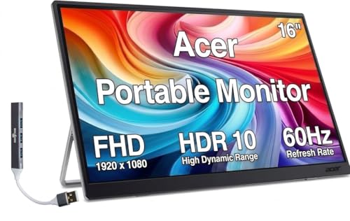 Acer 16" Portable USB-C IPS Monitor w/ HDR10, Built-in Speakers, Mini HDMI | 6ms Response Time, Anti-Glare, 220 nits Brightness, & Dockztorm USB Port Expander, Black/Silver Color - size: Single monitor