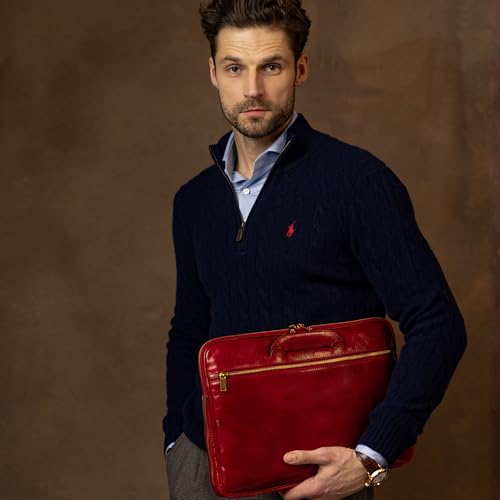 Time Resistance Slim Leather Briefcase - Italian Handmade Leather Computer Bag - Briefcase for Men and Women - Laptop Bag - color: Red