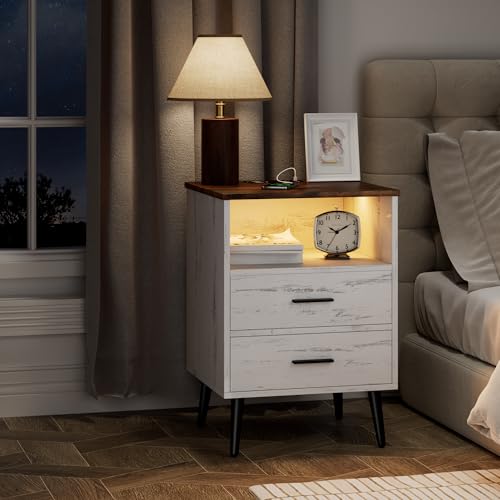 Lareth Farmhouse LED Nightstand with Charging Station, Antique White | 17.7" W x 15.7" D Wooden Night Stand, 2 Drawers, Smart Bedside Table, For Dorm, Apartment, Small Space - color: Antique White