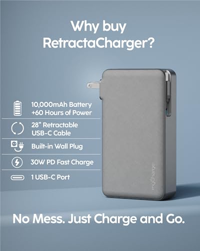 myCharge RetractaCharger 10000mAh Portable Charger Power Bank with 28-Inch Retractable USB-C Cable | Built-in Wall Plug | 30W PD Fast Charging | USB-C & A Ports | Digital Display | Grey - color: With Wall Plug