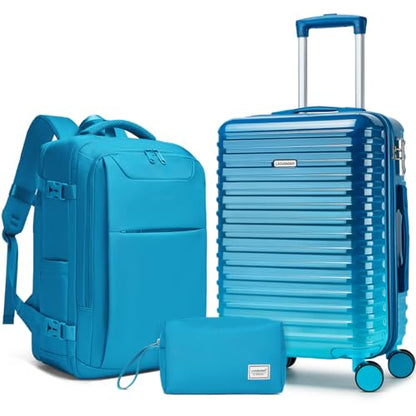 LARVENDER Carry on Luggage 22x14x9 Airline Approved, Expandable 20 Inch Hardside Large Suitcase with Wheels TSA Lock, Lightweigh PC+ABS Travel Carry-on Suitcases for Women and Men, Ocean Breeze - color: Ocean Breeze (XL-BP), size: 3 Piece Set (Backpack/20