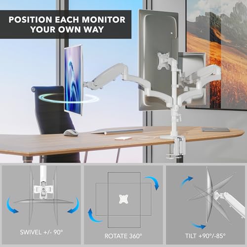 Mount-It! Triple Monitor Desk Mount, 13-27" Screens, White | Gas spring arms with VESA 75 & 100 compatibility, clamp or grommet base, built-in USB-A and USB-C ports. - color: White