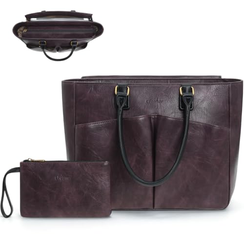 Laptop Tote Bag for Women, Leather Work Tote with Padded Laptop Compartment, Cup Holder, Office Computer Briefcase - color: Deep Plum, size: 15.6inch