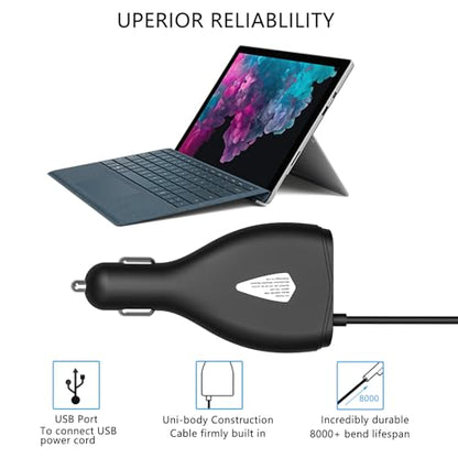 Surface Car Charger, 70W 15V 4A Power Supply | for Microsoft Surface Pro 5/Pro 6/Pro 7/Pro 8/Pro X, Surface Book, Surface Go, Surface Laptop with 5V 2A USB Charging Port