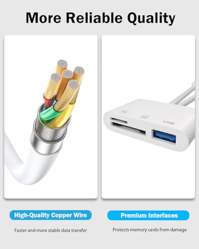 SD Card Reader for iPhone and iPad, USB C & Lightning Dual Slot Adapter | USB 3.0 SD/TF Card Reader for Fast Photo and Video Transfer from Cameras; No App Required, Compact Plug-and-Play Design. - color: white