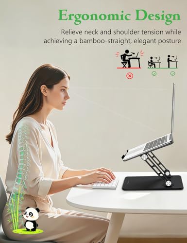 Stable Laptop Stand for Desk Fit for 10"-16.3" Laptops, Black | Foldable Aluminum Riser Creates an Ergonomic Workspace with Cute Panda Cooling Vent, Fits MacBook Air/Pro, Dell and Lenovo - color: Black