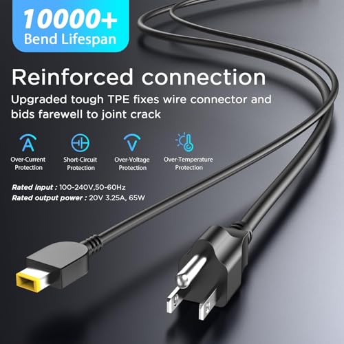 65W Laptop Charger for Lenovo ThinkPad & IdeaPad | 65W 20V 3.25A Power Adapter Fits Lenovo ThinkPad Yoga, Rectangle Yellow Tip, Power Cord Included