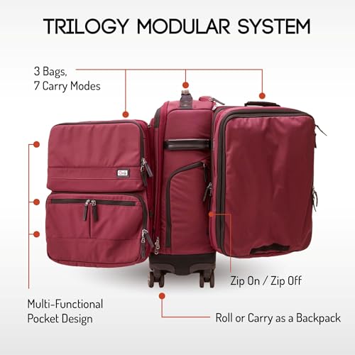 Trilogy Modular System I Modular 4-wheel spinner carry-on, with two zip-off bags! All 3 are Expandable! You get 3 bags in 1! Mix and match; take apart to fit crowded airplane spaces (Zinfandel) - color: Red