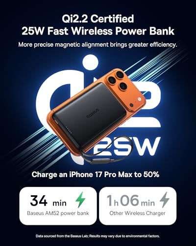 Baseus Picogo AM52 MagSafe Power Bank, Qi2.2 25W 10,000mAh 0.6" Slim Built-in 45W USB-C Cable, Bundle with 20000mAh Wireless Portable Charger for iPhone 17/16/15/14/13/12
