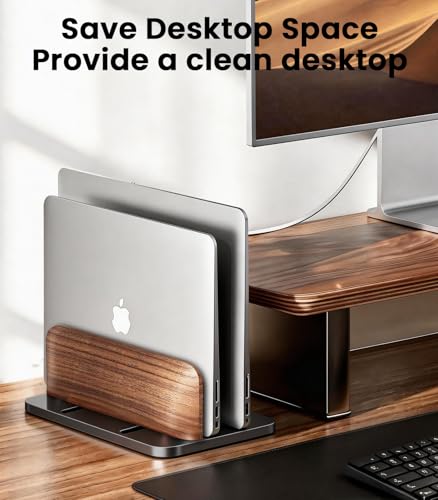 LOXP Vertical Laptop Stand, Dual Slot Wooden + Aluminum Laptop Holder | Desktop Adjustable MacBook Stand, Adjustable Base, for MacBook Pro/Air, (up to 17.3-inch All laptops) - color: Classic Black