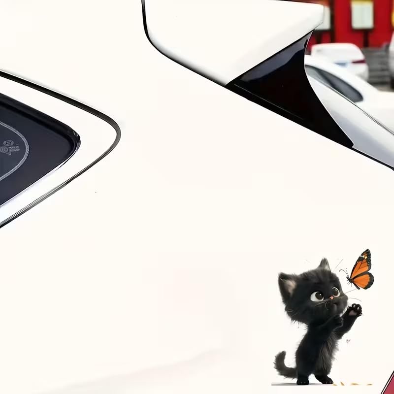 Lovely Cat and Butterfly PVC Vinyl Car Decals Stickers Waterproof Self-Adhesive Decals for Cars, Laptops, Trucks, Motorcycles Wall Window Luggage Scratch Cover Door Decor Sticker