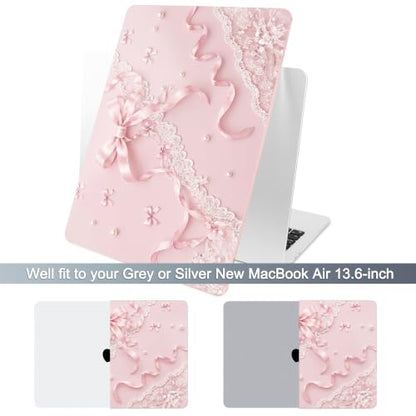 Batianda Case for MacBook Air 13.6" 2026 M5 M4 M3 M2 Chip,Blush Ribbon Lace | 4-in-1 set with coquette style pink ribbon lace art, slim hard shell protection for girls, students and aesthetic users - color: Blush Ribbon Lace