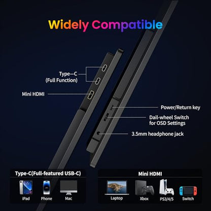 18.5 Inch Portable Monitor, HDMI USB-C Slim 120Hz Portable Gaming Monitor | 1080P FHD IPS FreeSync Large Portable Monitor for Laptop MacBook Pro Air, PC, Xbox, PS4/5 Travel Monitor with Kickstand