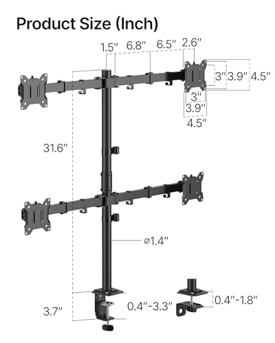 monTEK Quad Monitor Stand for Four 17-32" Screens, 22 lbs Each | Four-screen desk mount, height adjustment, tilt, swivel, rotation, clamp/grommet bases and VESA 75/100 - size: Quad Monitor