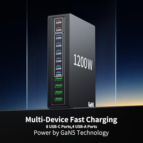 1200W USB C Charger Block Fast 12 Port MacBook Pro Charging Station | 140W PD PPS AVS HUB for All iPhone 17 Pro Max/17 Air/16 SE/Samsung Galaxy 26/ MacBook Pro/Air/iPad Pro/240W Cable - color: Black