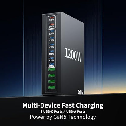 1200W USB C Charger Block Fast 12 Port MacBook Pro Charging Station | 140W PD PPS AVS HUB for All iPhone 17 Pro Max/17 Air/16 SE/Samsung Galaxy 26/ MacBook Pro/Air/iPad Pro/240W Cable - color: Black