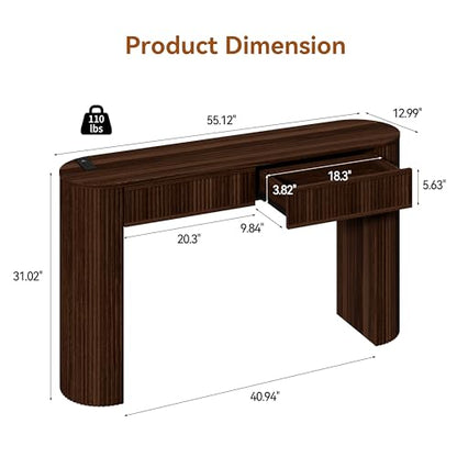 55" Fluted Console Table with 2 Drawers & LED Lights,Entryway Tables with Charging Station,Narrow Sofa Table Behind Couch,Mid-Century Modern Foyer Table for Entryway, Hallway, Living Room(Walnut) - color: Walnut