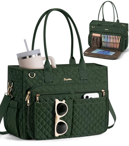 Bagstellar Teacher Tote Bag for Women, 15.6" Laptop Work Tote Computer Bag | Quilted Bible Nurse Bag with 40oz Cup Holder, Insulated Pocket & Strap, Large Laptop Briefcase for School Travel Office Gifts - color: Dark Green