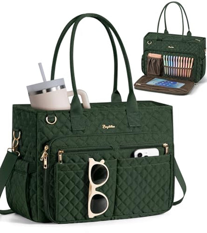 Bagstellar Teacher Tote Bag for Women, 15.6" Laptop Work Tote Computer Bag | Quilted Bible Nurse Bag with 40oz Cup Holder, Insulated Pocket & Strap, Large Laptop Briefcase for School Travel Office Gifts - color: Dark Green