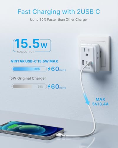 VINTAR 2 Pack European Travel Plug Adapter, Type C International Power Plug | 4 AC Outlets 3 USB Ports(2 USB C), Travel Essentials Charger for US to Most of Europe EU Italy Spain France Germany Iceland - style: 17W-Type C Most of Europe - 1A2C/ 2 Pack