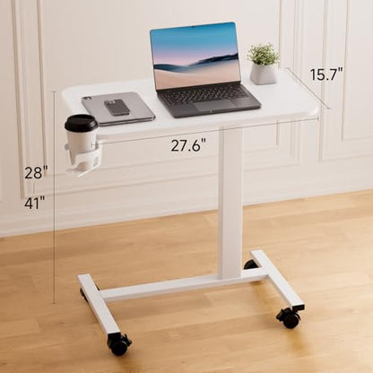COMHOMA Adjustable Overbed Bedside Table with Lockable Wheels, Pneumatic Mobile Standing Laptop Desk, Small Standing Desk Portable Rolling Overbed Table Hospital Home Use(28" W x 16" D, White) - color: White, size: Small
