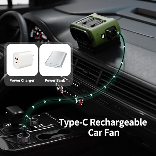 Socool Portable Car Fan - 14500mAh Rechargeable Battery Opearated, Clip on Car Seat Headrest 360 Rotatable, 5-Speed Backseat Fans for Baby Rear Facing Cooling with Dual Air Outlets for SUV RV Truck - color: Green