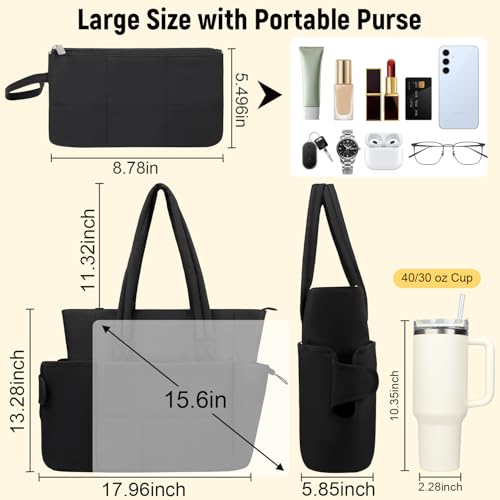 Puffer Tote Bag with Large Cup Holder& 15.6 Inch Laptop Compartment, Lightweight Puffy Work Bag with Water Bottle Pocket, Large Laptop Tote with Clutch Purse for Women Teacher Nurse (Black) - color: Black