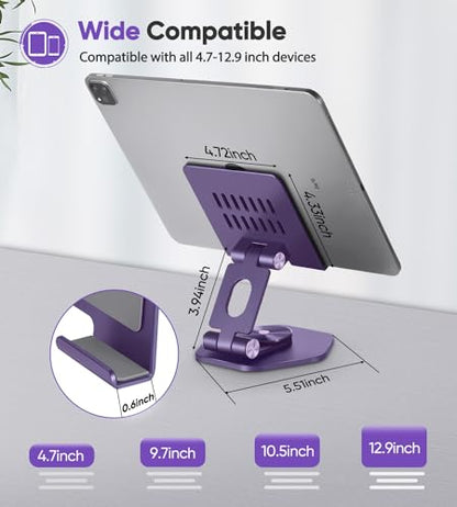 Tablet Stand, Aluminum Desktop Holder, Compatible with 5-12.9" iPad, Purple | 360° Swivel Adjustable Viewing Angles; Sturdy All-Aluminum Design Improve heat dissipation; Foldable and Storage; - color: Purple