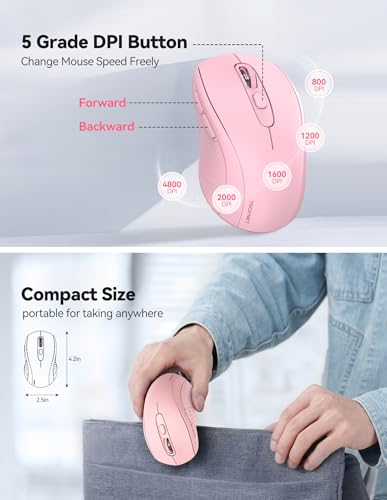 TECKNET Wireless Mouse for Laptop,4800 DPI,Silent Mouse with 6 Buttons Pink | 4800 DPI wireless mouse with silent clicks, 6 buttons, long battery life and USB receiver for laptop, Mac, Chromebook and PC - color: Bright Pink