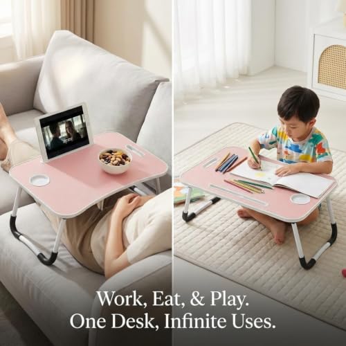 BUYIFY 23" Foldable Lap Desk for Laptop Writing w/Cup Holder Pink | Sturdy and Durable, Laptop Bed Desk with Tablet Slot, No Assembly, Space Saving for Bed Couch Dorm WFH Students - color: Pink