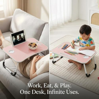 BUYIFY 23" Foldable Lap Desk for Laptop Writing w/Cup Holder Pink | Sturdy and Durable, Laptop Bed Desk with Tablet Slot, No Assembly, Space Saving for Bed Couch Dorm WFH Students - color: Pink