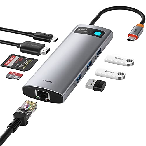Baseus USB C Hub 8-in-1 USB C Adapter with 4K HDMI, Ethernet, SD/TF Card Reader, 3 USB 3.0 5Gbps Data Port, 100W Charging Power for MacBook Pro/Air, iPad Pro, Surface Pro 7, XPS,and More Type C - size: 8 in 1