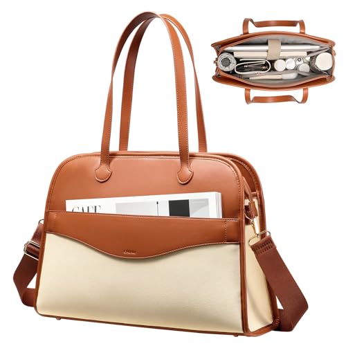 CHUNLI Laptop Tote Bag for Women 15.6 Inch, Quilted Work Shoulder Bag with Multiple Pockets & Luggage Strap for Office Travel - color: White-brown