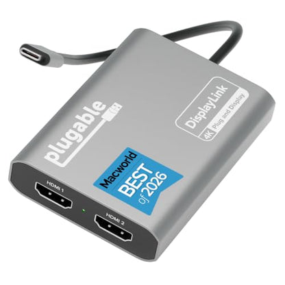 Plugable USB C to HDMI Adapter, Dual Monitor 4K 60Hz for Apple Mac M1/M2/M3/M4/M5/Neo, DisplayLink Multiple Displays for Thunderbolt MacBook or iMac, Driver Required (USBC-6950M)