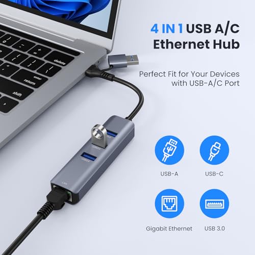 USB to Ethernet Adapter, ABLEWE USB 3.0/USB C to RJ45 Gigabit LAN (1000Mbps) Network Adapter, Compatible with MacBook/Pro/Air, iPhone 15/16 Pro/Max, iPad Pro, Surface Pro, Windows 11/10/8/7, MacOS - color: 4IN1 Gray