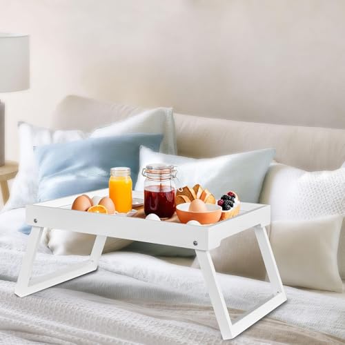 RRX Bamboo Bed Tray Table with Folding Legs, Breakfast Tray, 2 Pack (White) | Bed Trays for Folding Table Eating, Kitchen Serving, Food, Sofa, Snacking or Working, Laptop Desk Dinner, Snack Tray - color: White
