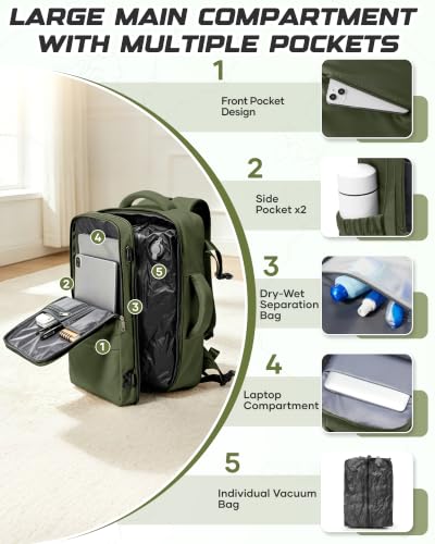 Travel Backpack for Women Men with Compression Vacuum Storage Bag & Electric Pump, Flight Approved Carry On Backpack, Frontier Spirit Airlines Personal Item Bag 18x14x8, Olive Green - color: Olive Green